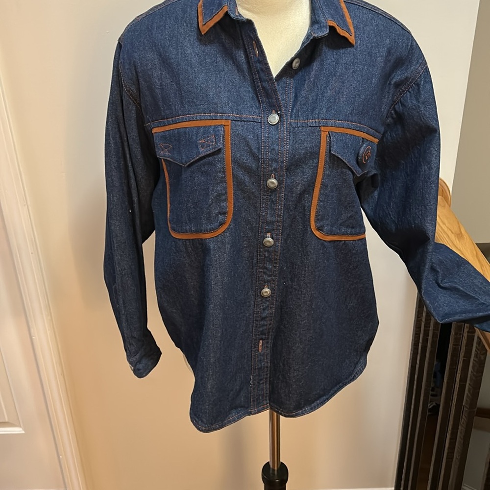Chaus Sport Vintage Denim Button-Up Shirt with Brown Trim - Picture 4 of 9